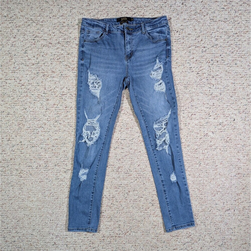 L&B Lucky & Blessed Blue Jeans Womens Size 10 Mid Rise Skinny Distressed Stretch